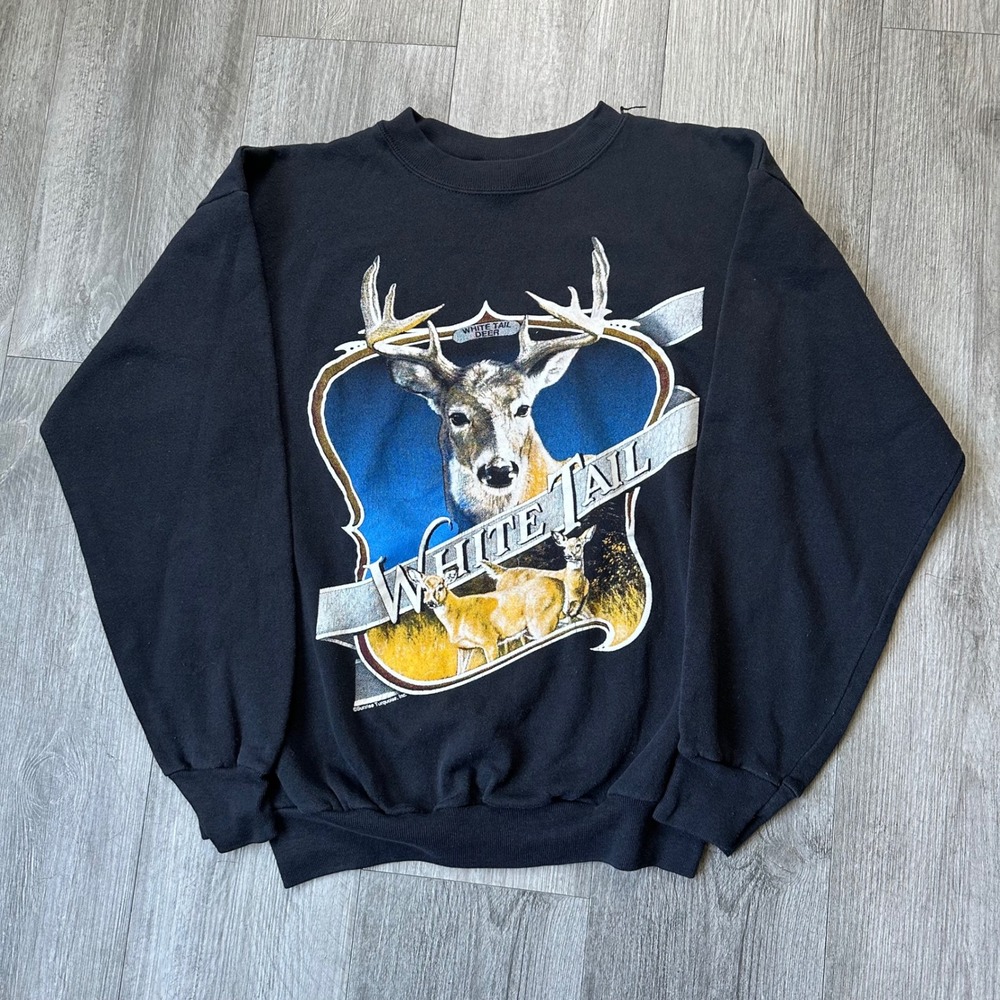 Vintage 90s White Tail Deer Sweatshirt TULTEX Black Size S nature Buck Graphic